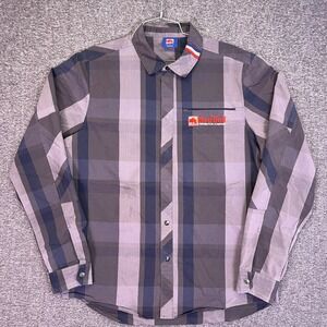 Red Bull Button Down Shirt Mens M Gray Plaid Workwear Casual Logo Snap Front